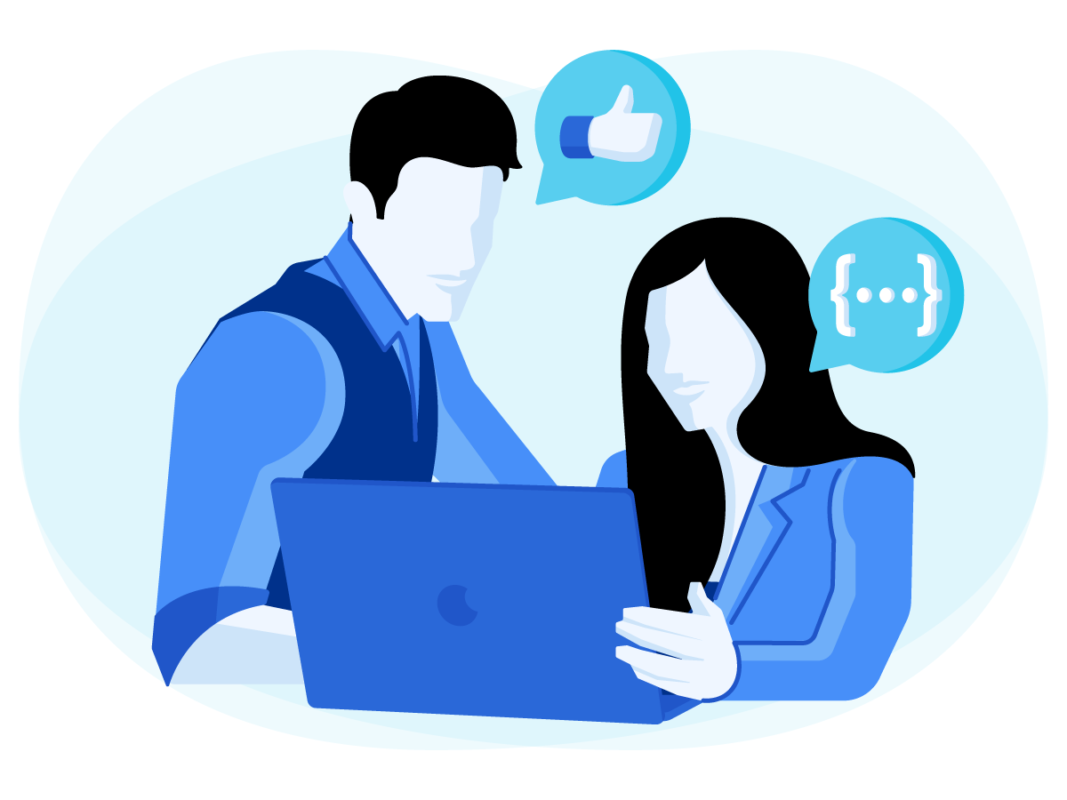 Illustration of a man and woman in front of a laptop.