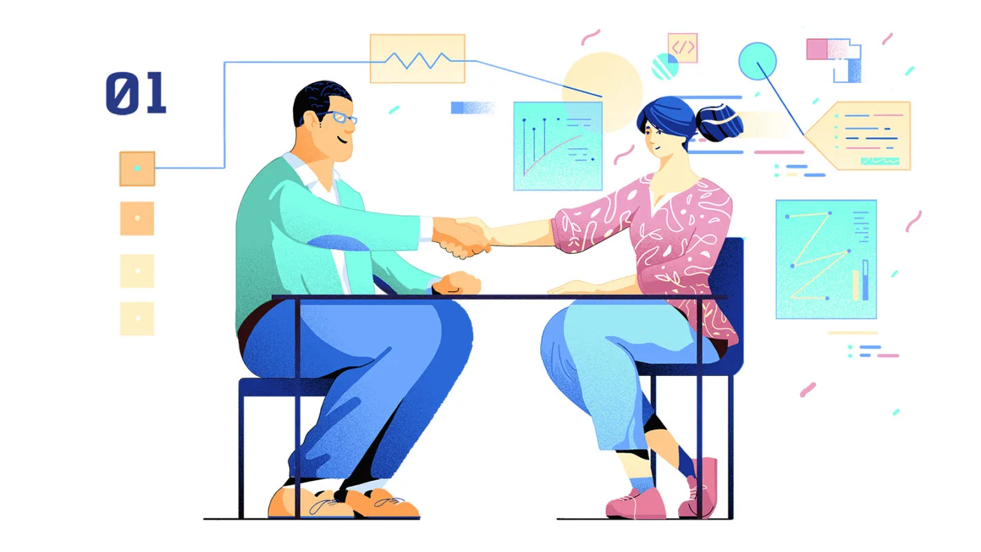 Two people shaking hands in a programming interview