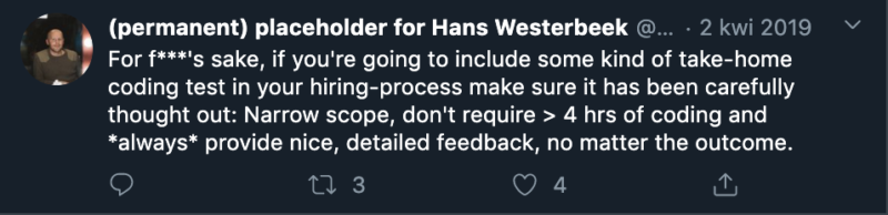 A tweet posted by a software engineer on Twitter about code assessments.