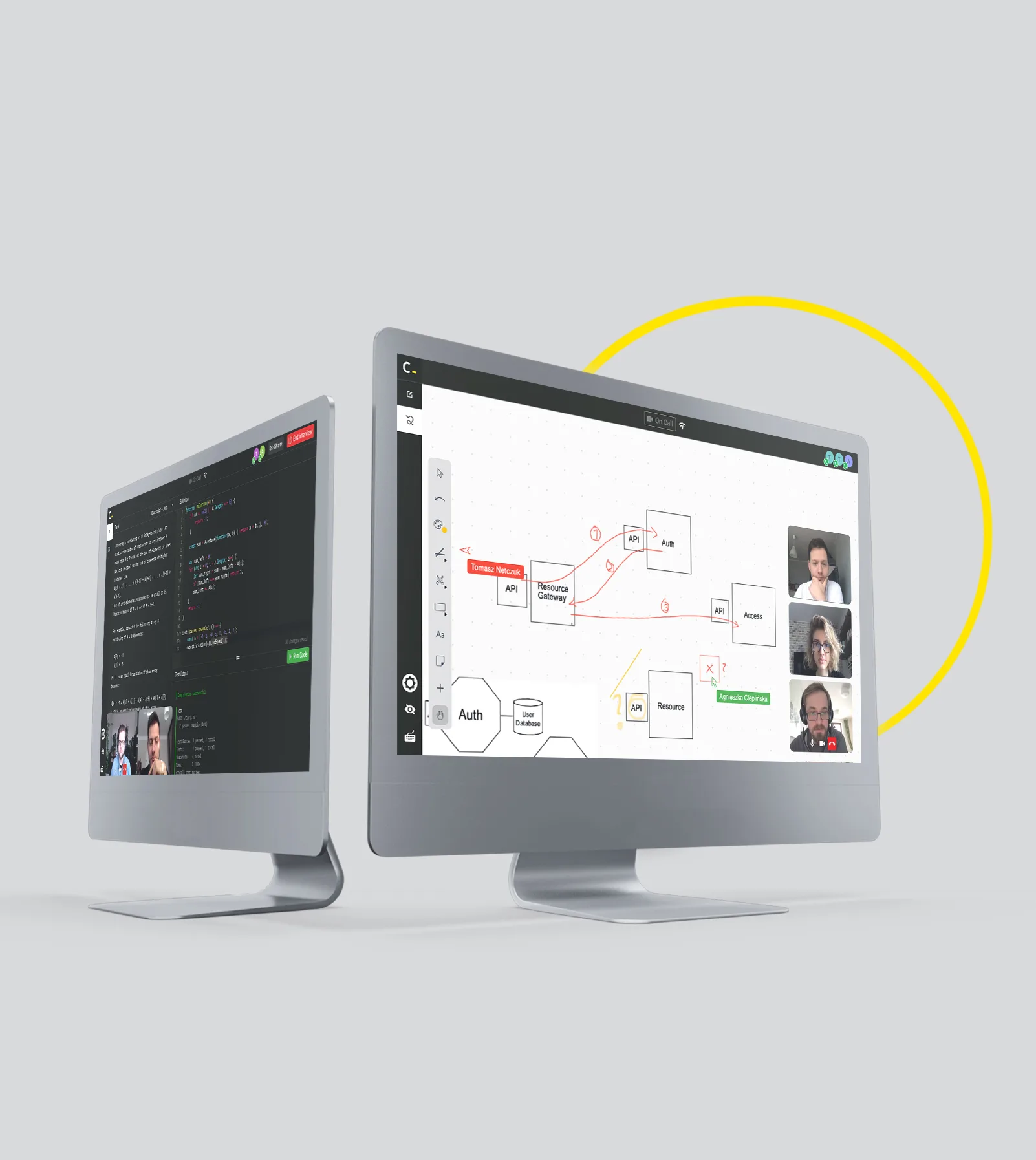 two screens, one with IDE and code, other with chart builder and hierarchy map