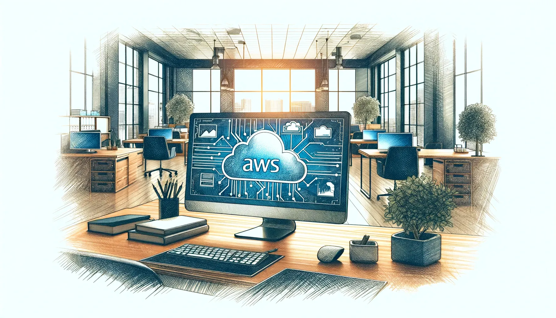 a drawing of office and a screen with AWS title on it