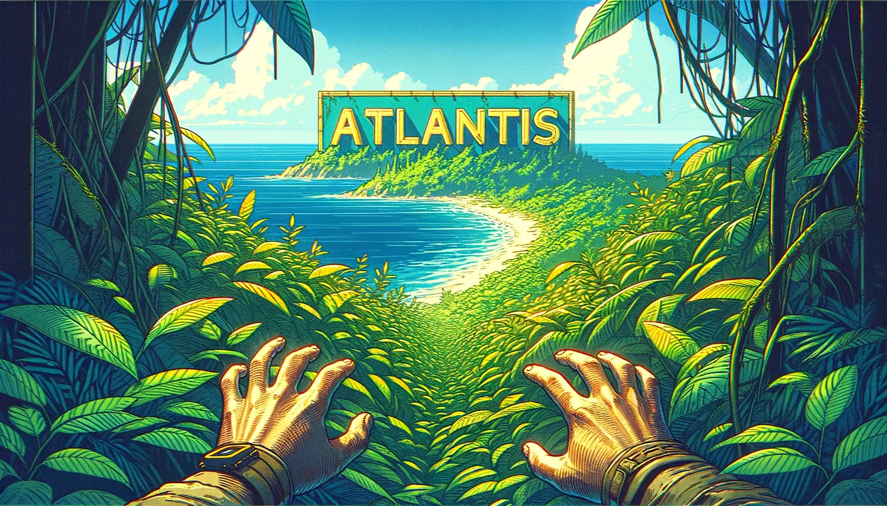 journey to atlantis, illustration with forest, grass and atlantis name in the background