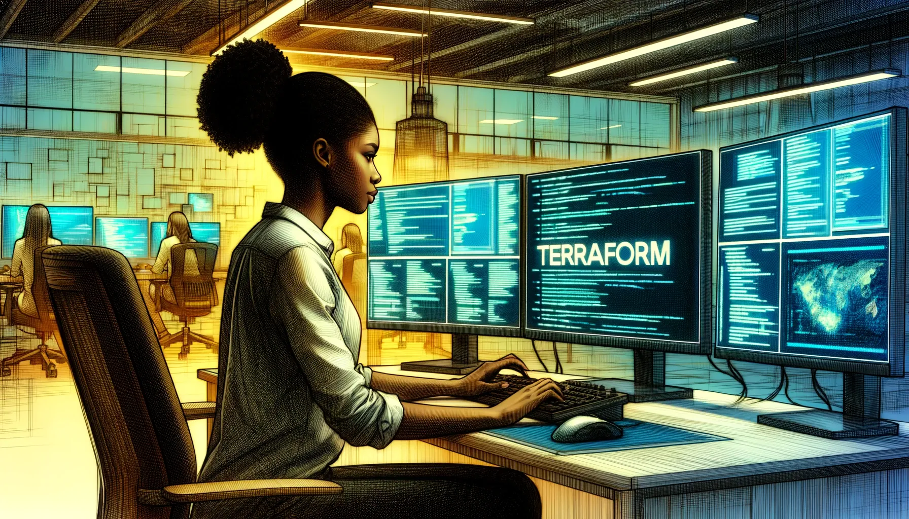 girl working on the desk with 3 monitors and terraform in it