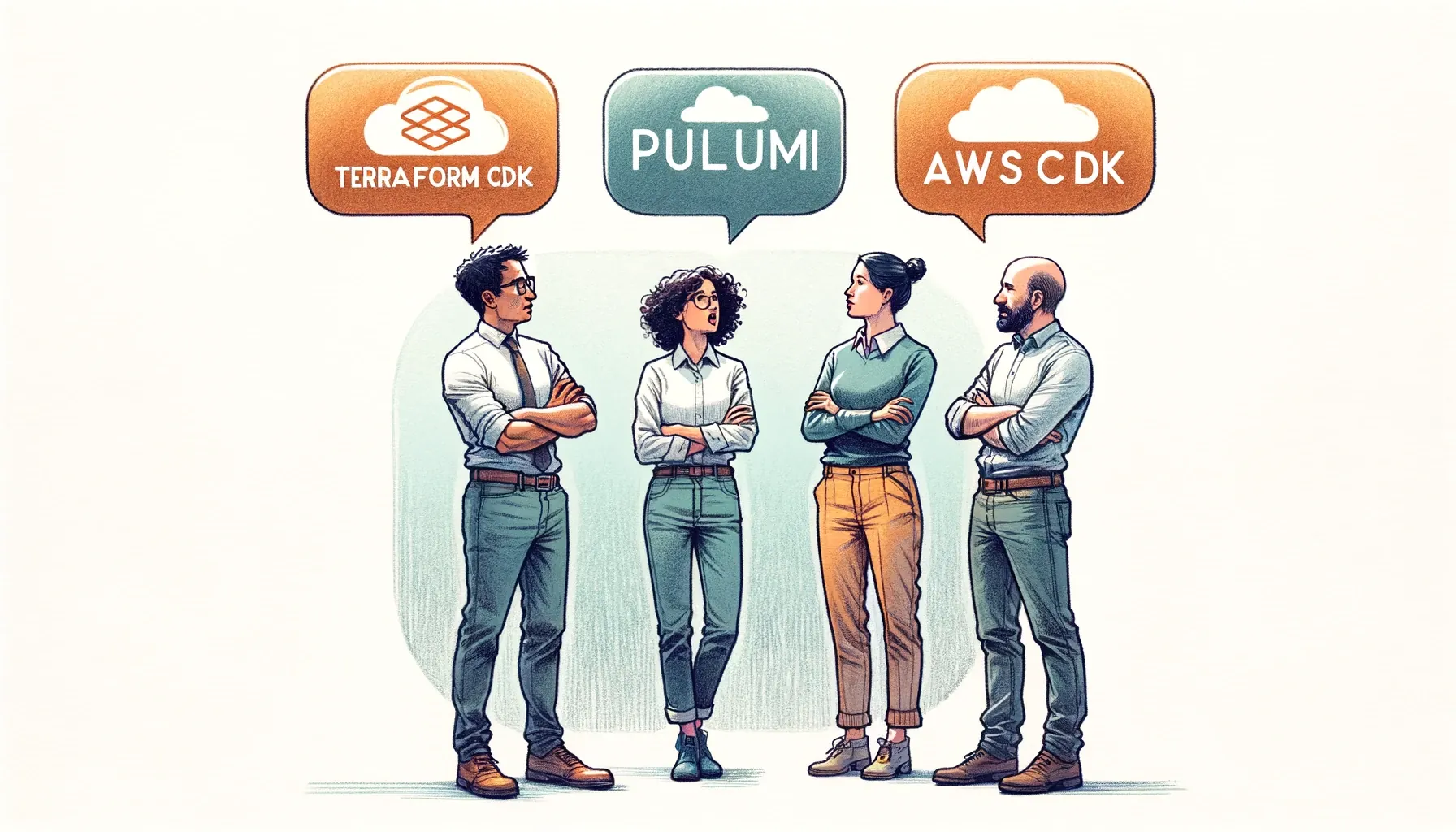 group of people talking with clouds above their head with names terraform CDK, Pulumi, AWS CDK