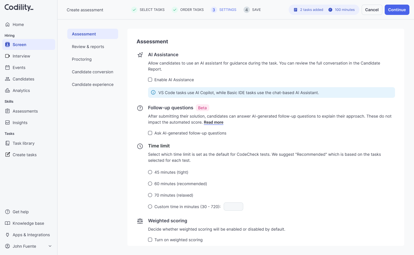 AI posture configuration: AI assistance toggle, follow-up questions, time limits, and weighted scoring options
