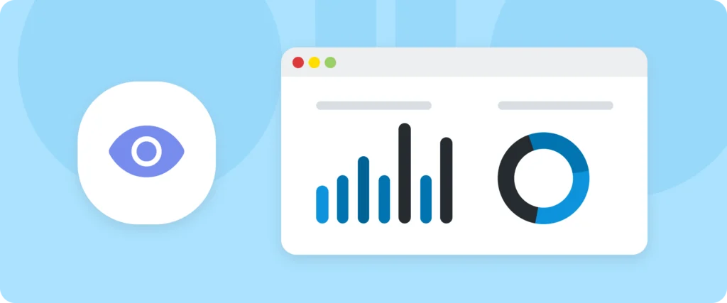 Analytics dashboard with bar and donut charts beside an eye icon