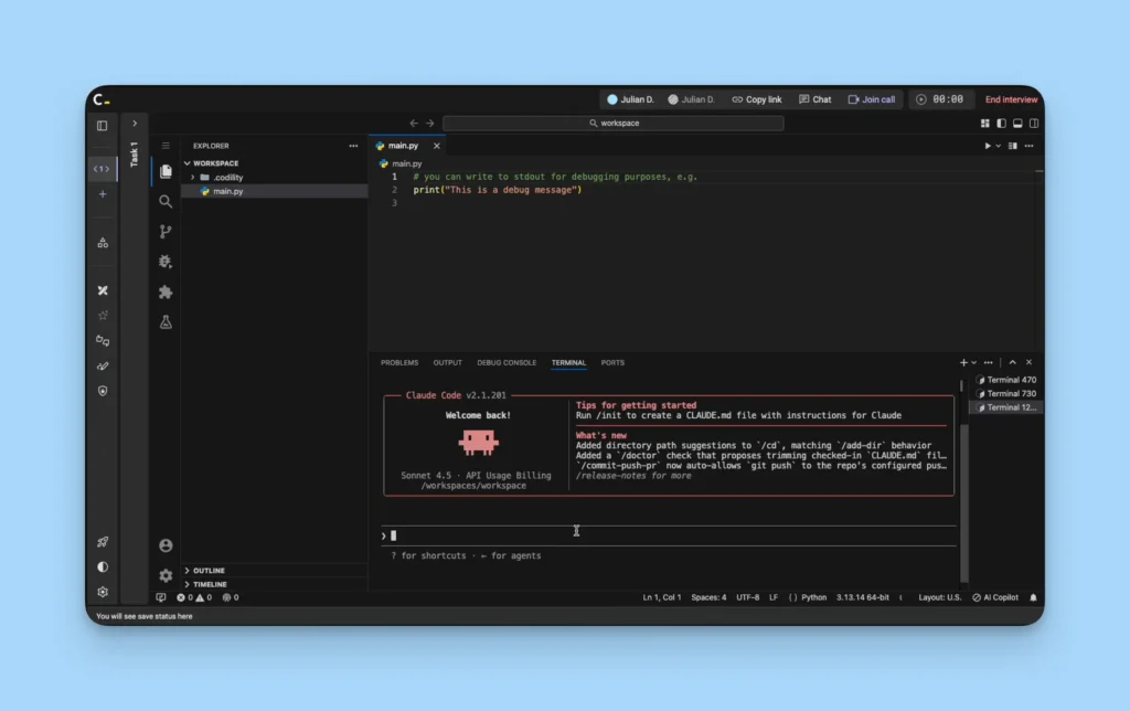 Claude Code running in the terminal of a Codility Interview session in VS Code, alongside a Python file and the live interview controls