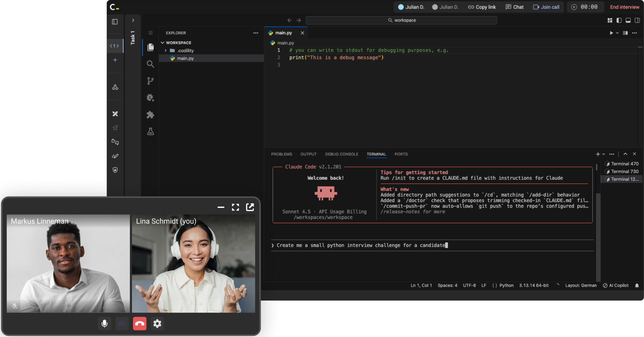A live Codility Interview: a shared VS Code session with main.py open and a two-person video call between the interviewer and the candidate. In the terminal, Claude Code is running, hosted by Codility, and the interviewer has asked it to create a small Python interview challenge for a candidate.