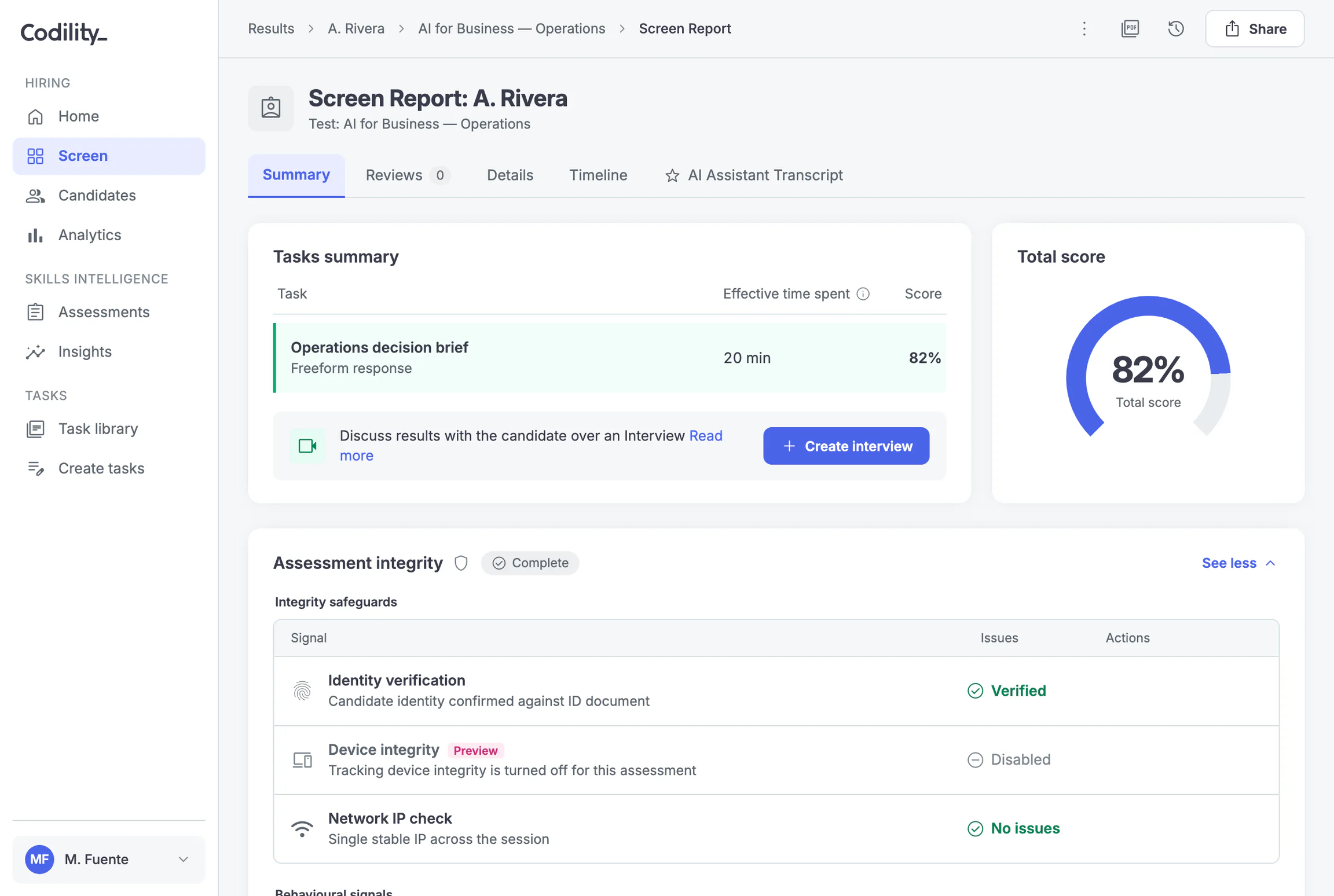 Codility Screen Report for a candidate: a tasks summary listing the Operations decision brief with effective time spent, a deterministic total score of 82 percent, and an assessment integrity panel showing verified identity, device integrity and network IP checks.