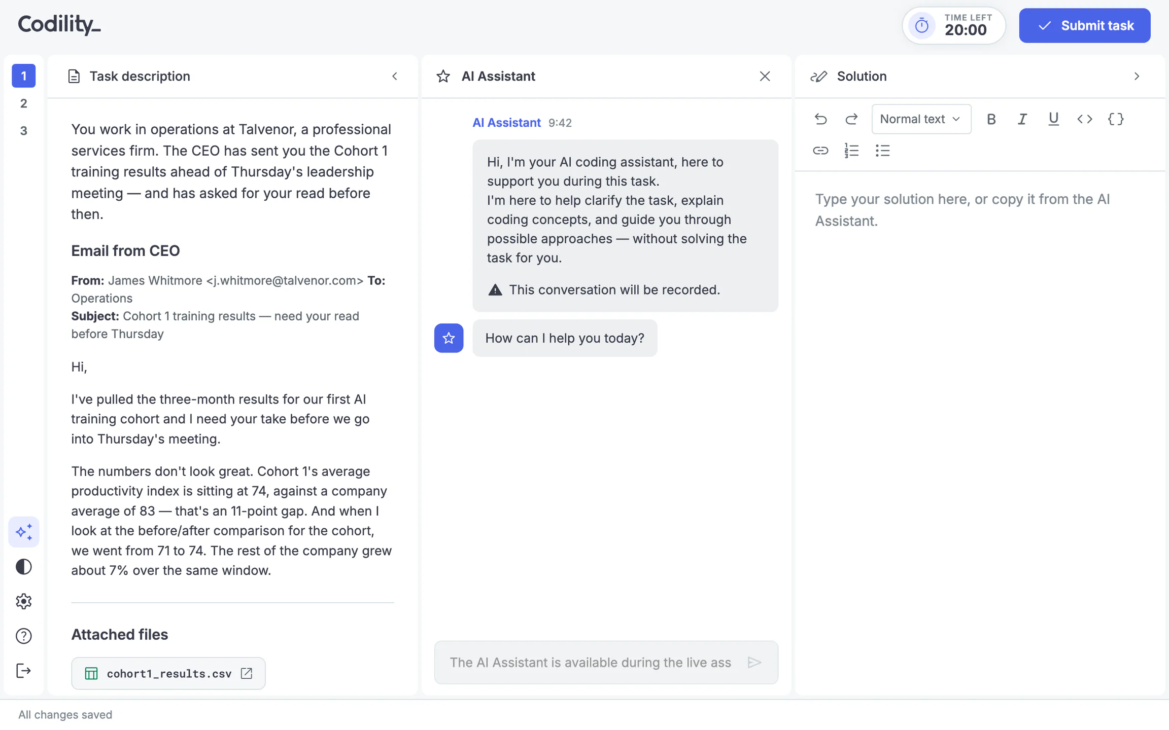 Codility candidate Task Solving Screen: the task brief and its attached source data on the left, the AI Assistant conversation in the middle, and the solution editor on the right, with a 20 minute countdown in the top bar.