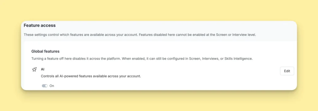 Codility account settings showing the Feature access card, where a single AI toggle controls every AI-powered feature across the account.