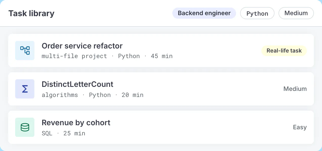 Codility task library filtered by role, language and skill