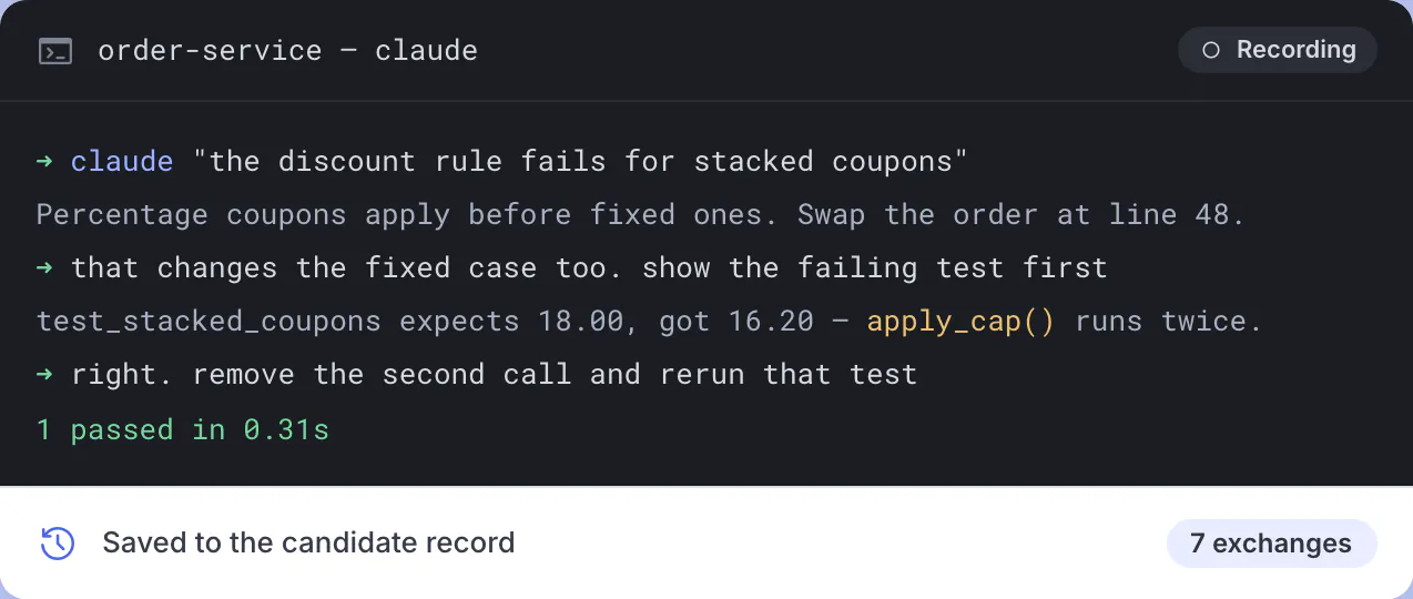 Claude Code running in the Codility assessment terminal beside the saved interaction record