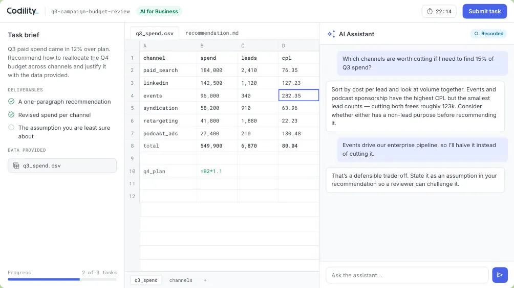 Business assessment task and AI workspace
