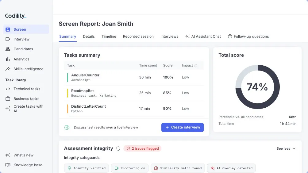 Codility Screen candidate report with the tasks summary, total score and assessment integrity panel, sample data