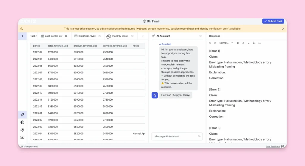 An AI for Business workspace with three panels: the task's data files open as a readable table on the left, the AI Assistant in the middle, and the candidate's response on the right.