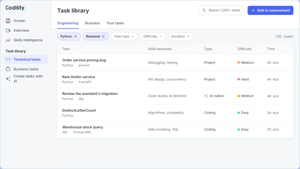Codility task library showing the engineering task list and the Business tab