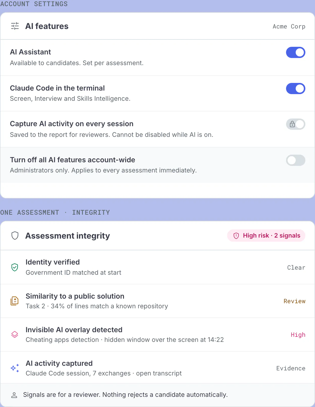 Codility account AI settings beside an assessment integrity panel