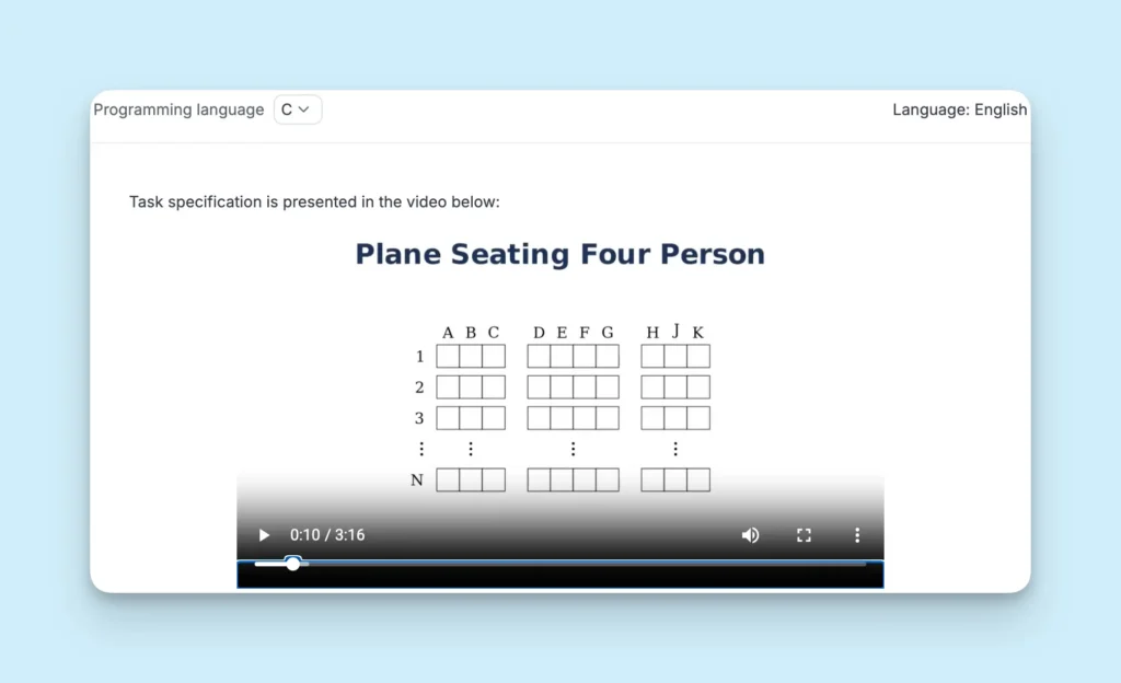 A Codility task page where the problem is presented as a narrated video instead of a written statement, showing the Plane Seating Four Person task part-way through playback.