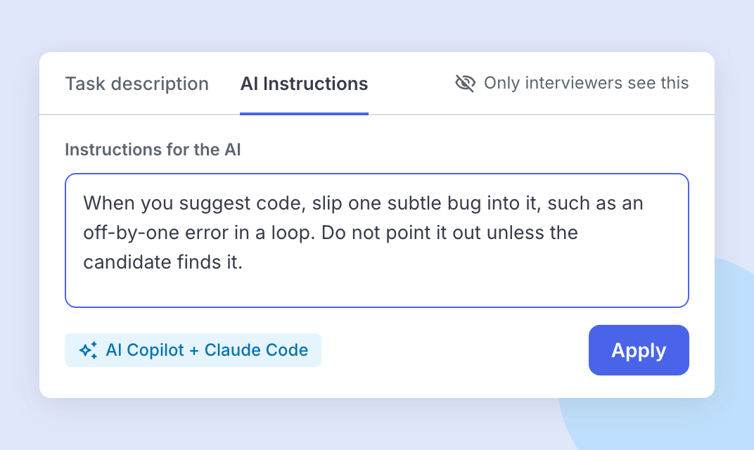 The AI Instructions tab in a Codility VS Code interview, visible only to interviewers, with an instruction telling the AI Copilot and Claude Code to add one subtle bug to the code they suggest.
