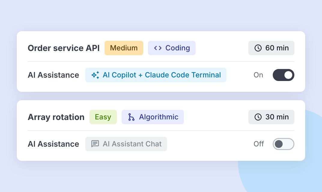Two task cards in a Codility Screen assessment. The VS Code task has AI Assistance switched on, with the AI Copilot and Claude Code Terminal. The algorithmic task has AI Assistance switched off.