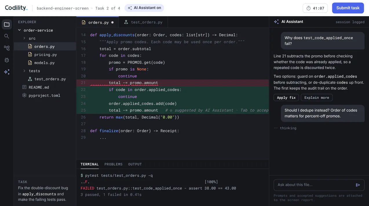 Codility engineering assessment task in a VS Code style workspace with the code editor, a failing test in the terminal and the AI Assistant panel, sample data.