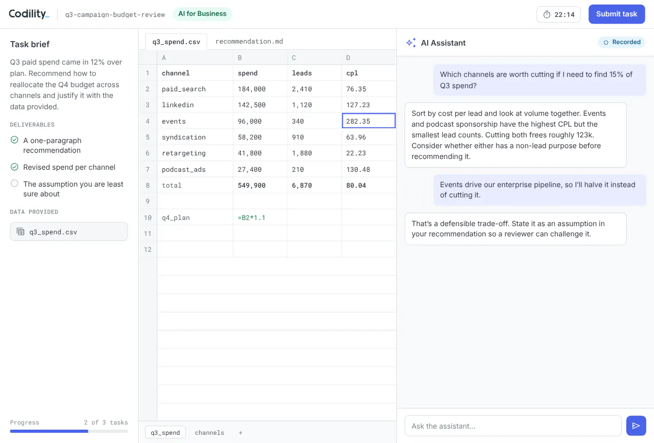 Codility business assessment task with the task brief, a spend spreadsheet and the recorded AI Assistant conversation, sample data.