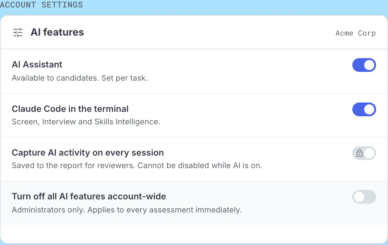 Codility settings showing the account-wide AI switch and, beside it, the AI Assistant setting for a sample assessment.