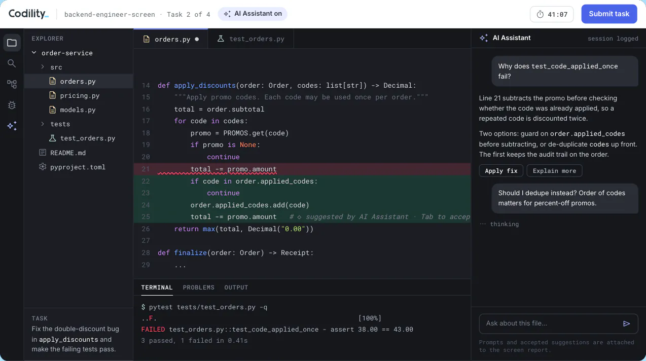 Codility Work with AI task in VS Code showing the task brief, an assistant suggestion containing an error, and the candidate's corrected code.