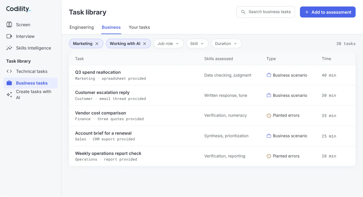 Codility task library on the Business tab with tasks for marketing, customer, finance, sales and operations roles, sample data.