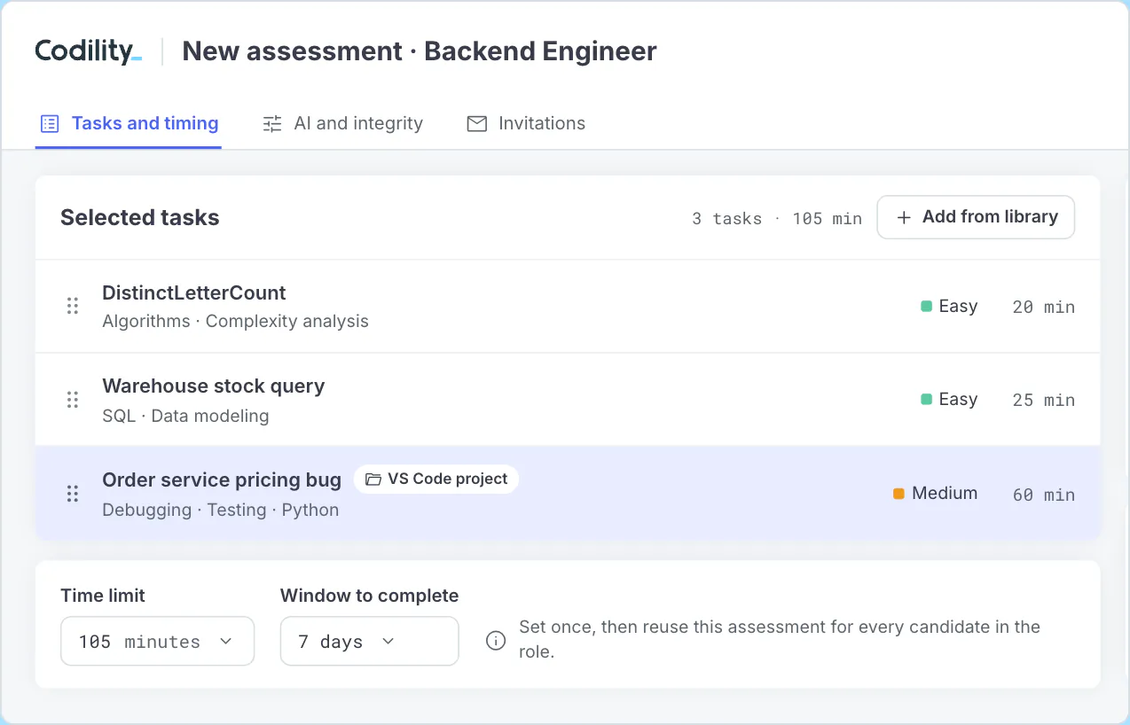 Codility Screen assessment setup for a sample engineering role, showing selected tasks from the library and the time limit for the assessment.