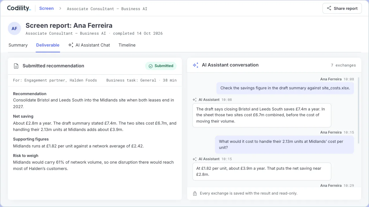 Assessment report view with the candidate's submitted recommendation on the left and the complete AI Assistant conversation on the right