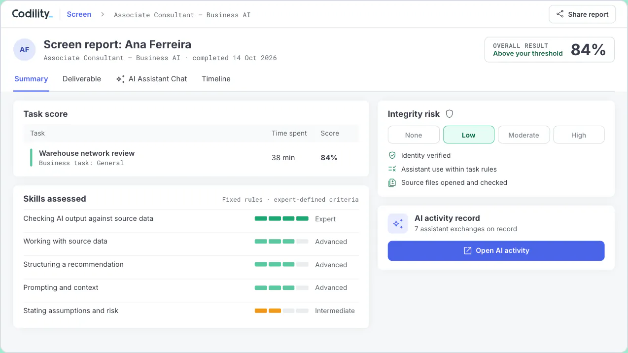 Business assessment report showing the task score, assessed skills, an integrity risk rating and a link to the AI activity record