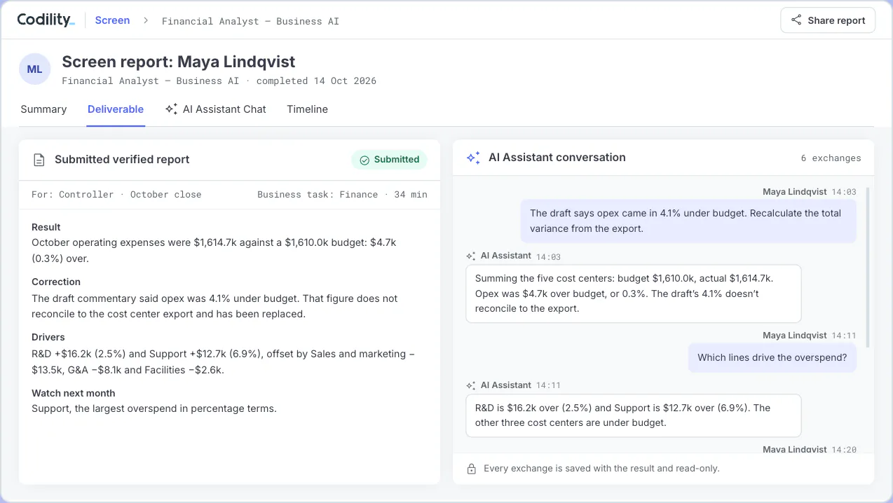 Assessment report view with the candidate's submitted verified report on the left and the complete AI Assistant conversation on the right