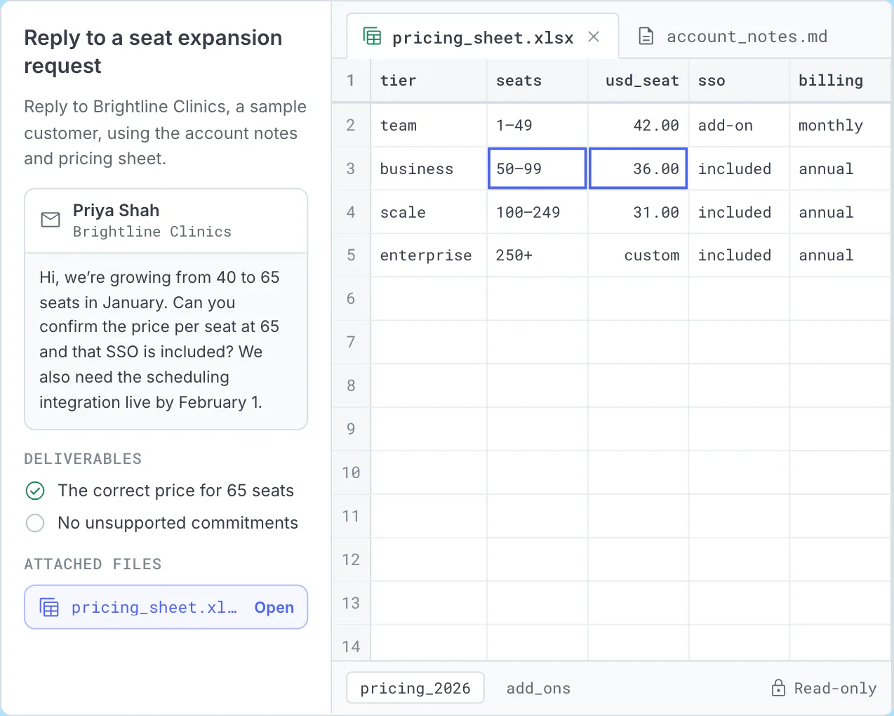 Sales task brief showing a customer email with an attached pricing sheet open as a table beside it