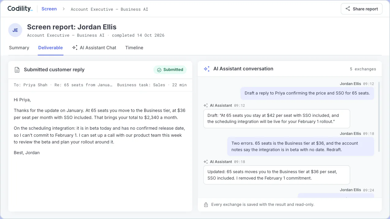 Assessment report view with the candidate's submitted customer reply on the left and the complete AI Assistant conversation on the right
