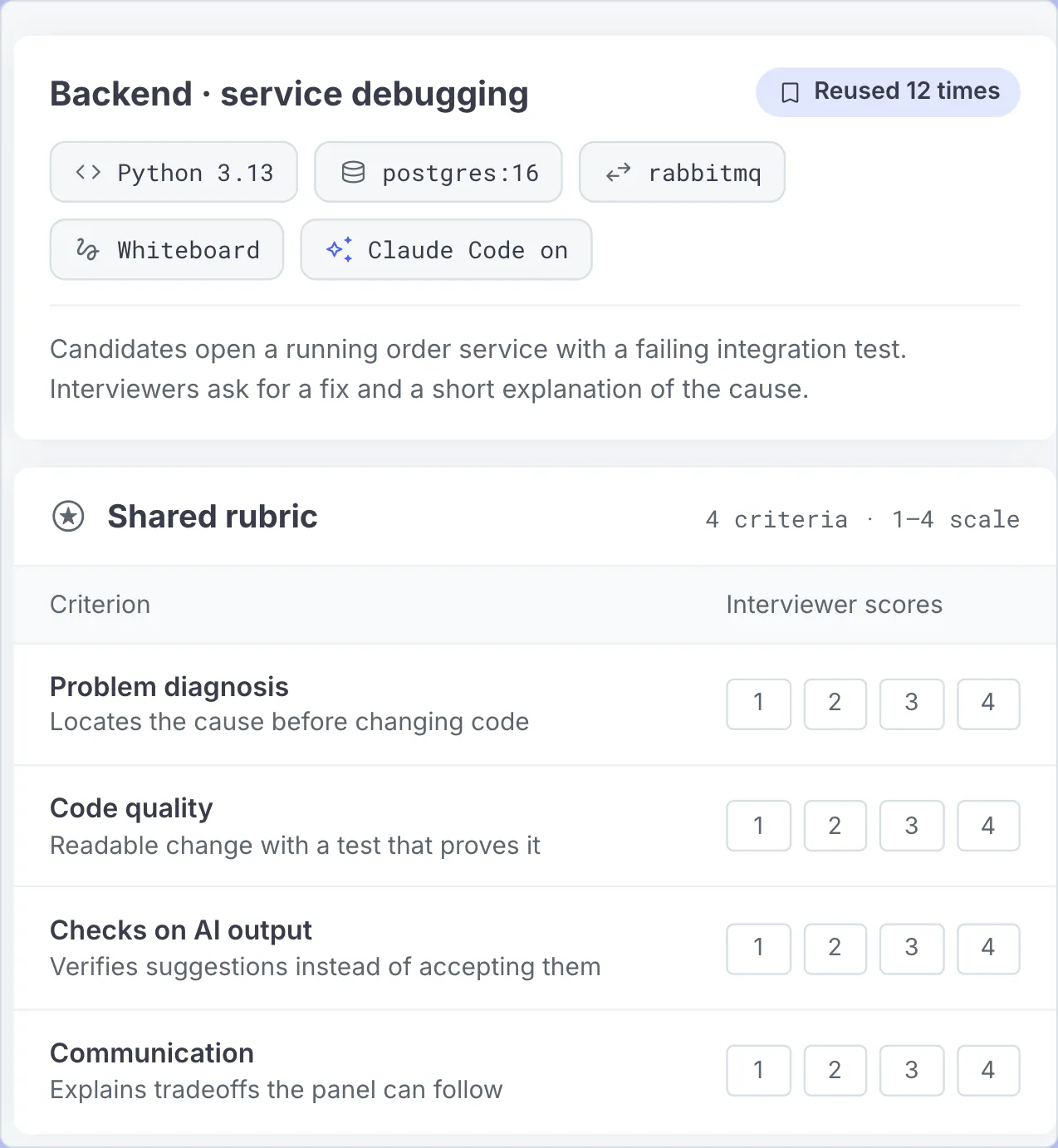 Codility task library showing a saved interview environment and its rubric criteria