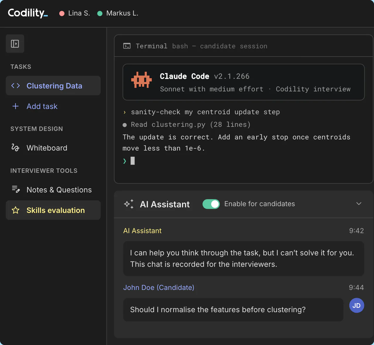 Codility Interview session with Claude Code running in the terminal and the interviewer's integrity panel open