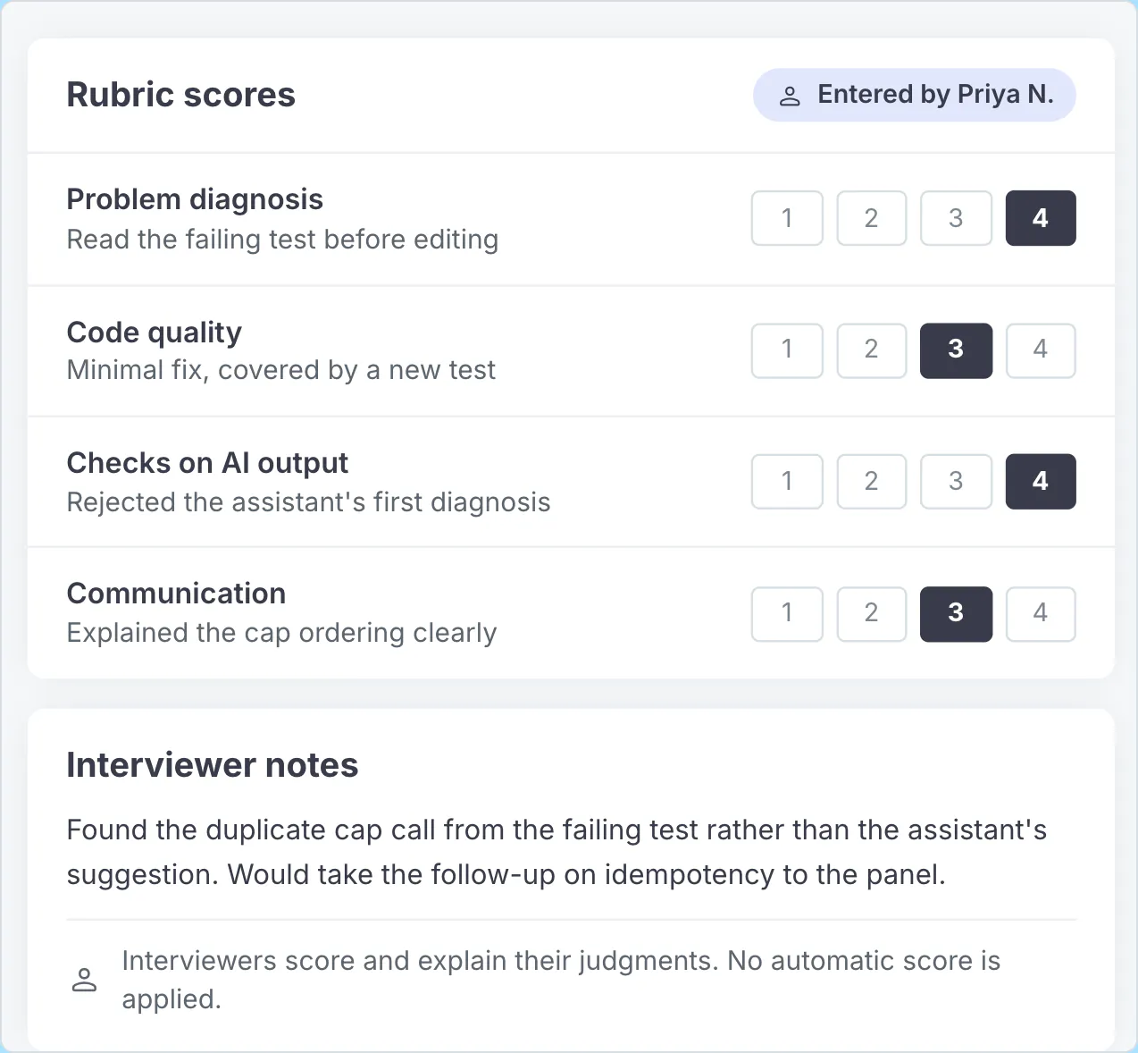 Codility Interview report showing rubric scores entered by the interviewer, the session transcript and code playback