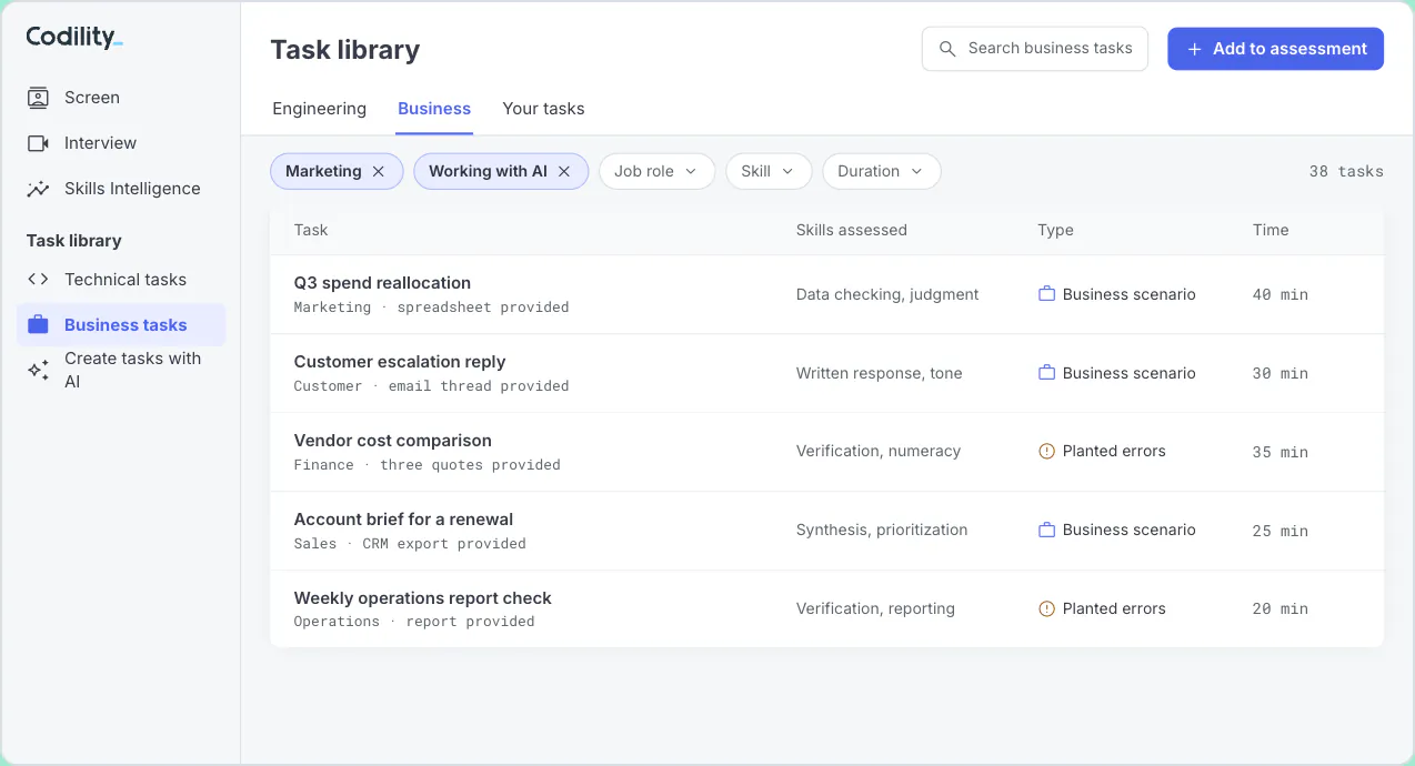Codility task library on the Business tab showing business tasks with role and skill filters