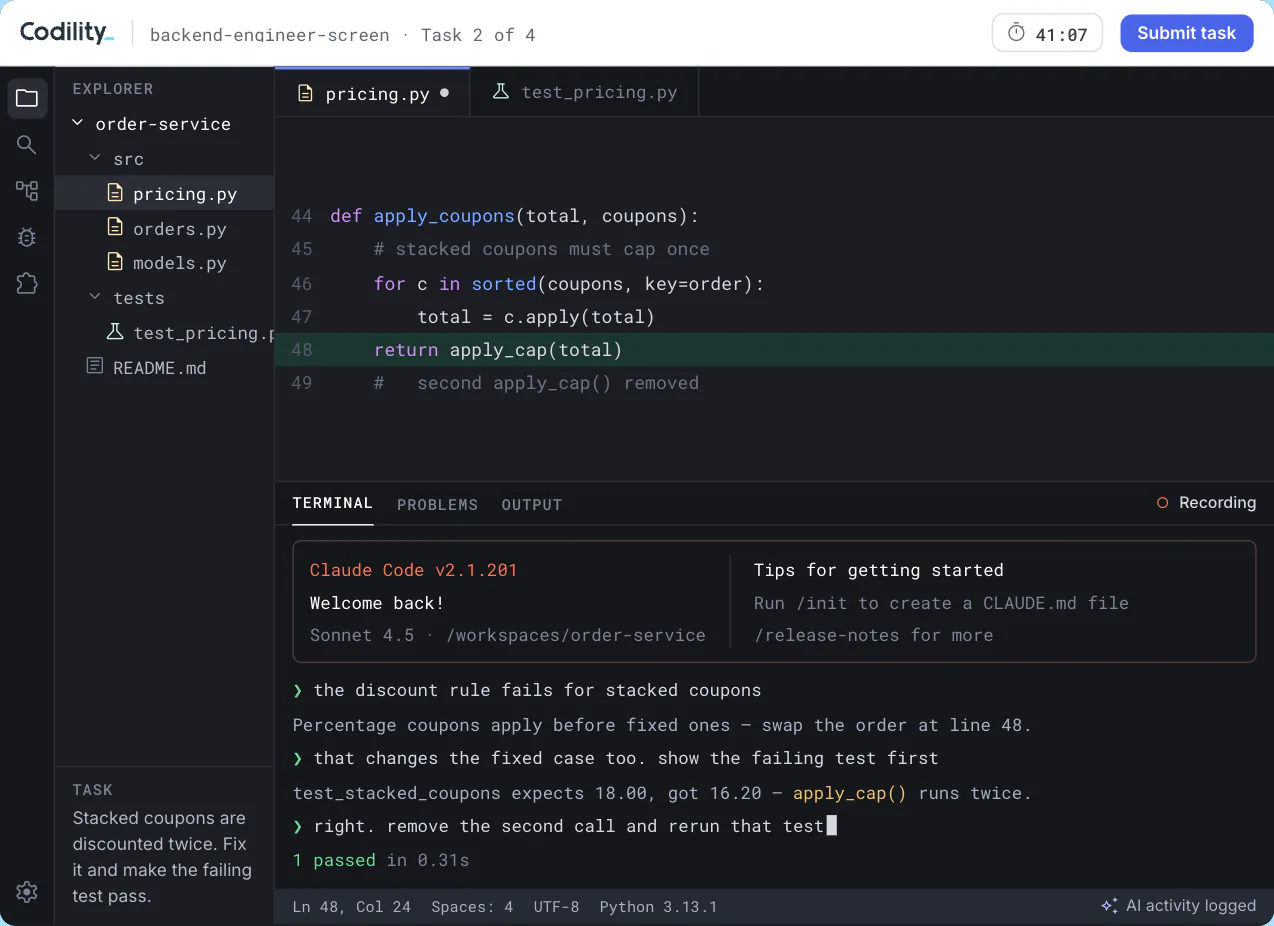 VS Code task in Codility Screen with the file tree, editor and terminal