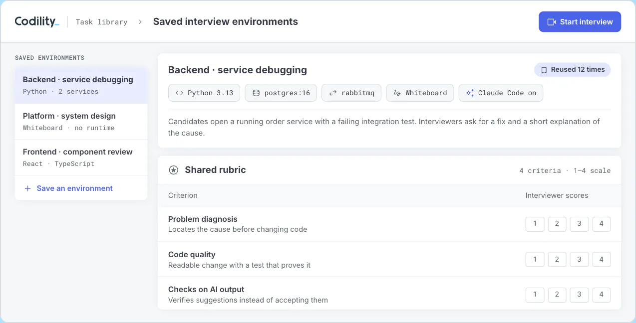 Codility Interview template for a sample senior engineering role showing the selected environment, the tasks and the rubric criteria interviewers will score.