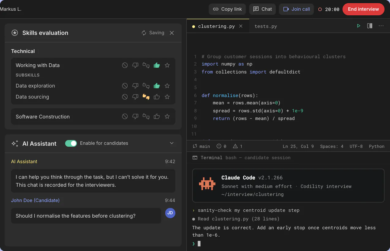 Codility Interview session showing the shared VS Code environment with a sample candidate's code and the interviewer's rubric panel with criteria scored.