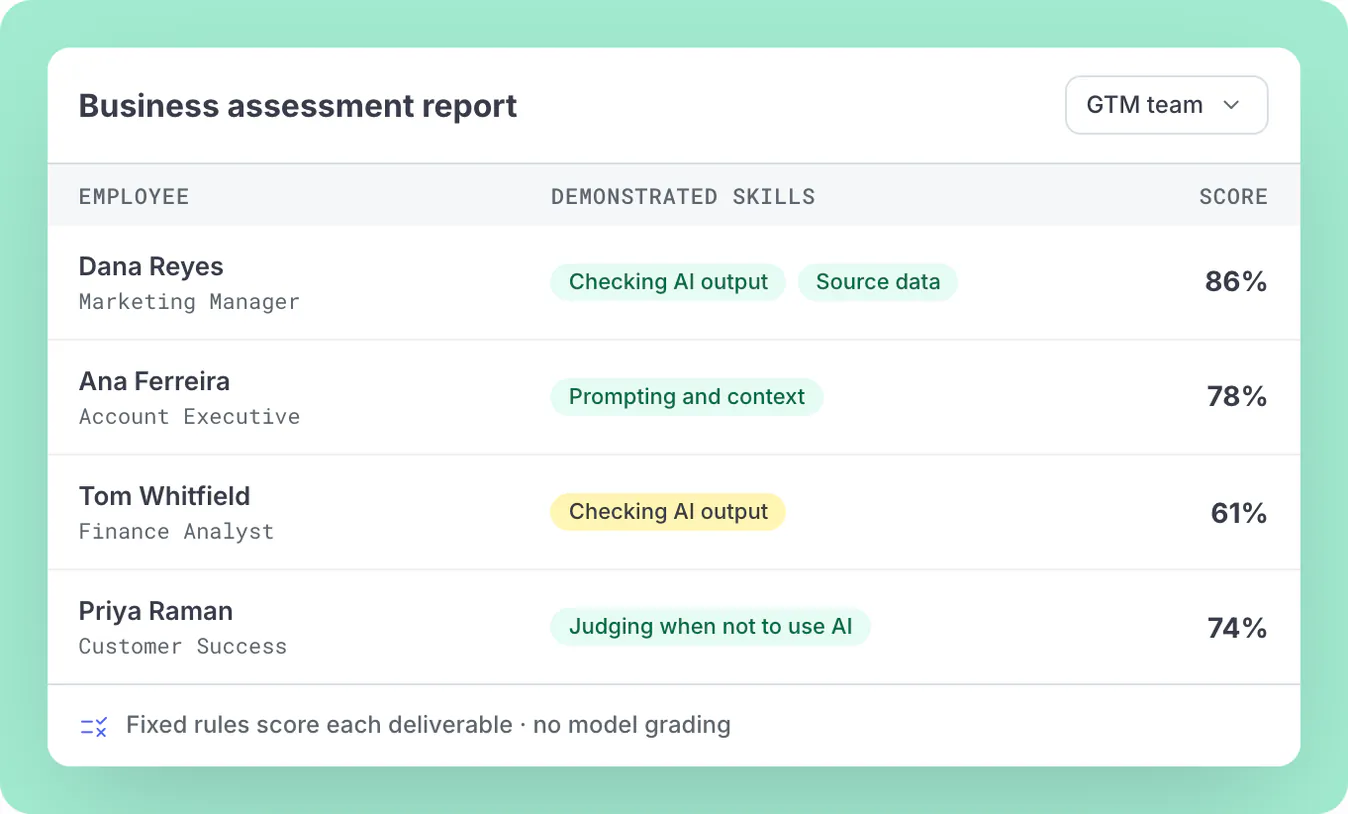 Skills Intelligence report of a business assessment for one team