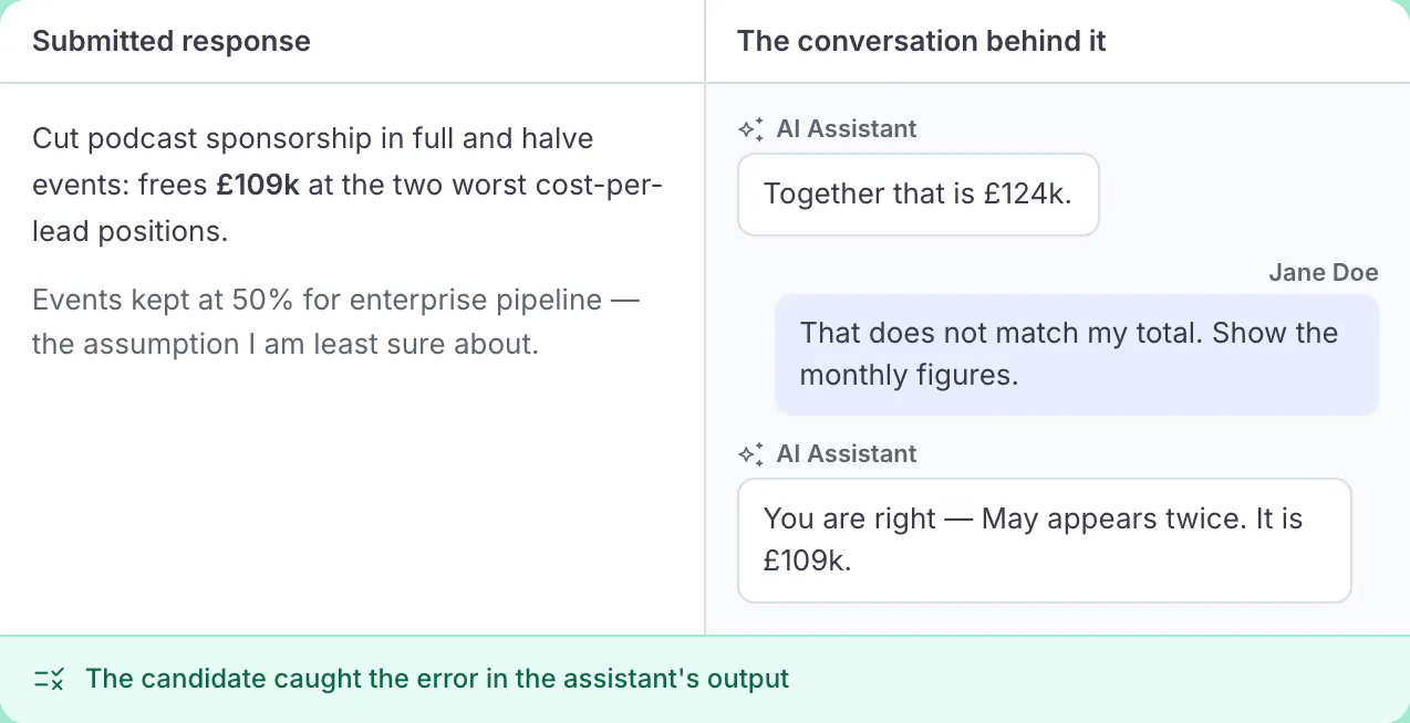 Skills Intelligence business assessment report for one employee showing the score, the submitted response and the assistant conversation