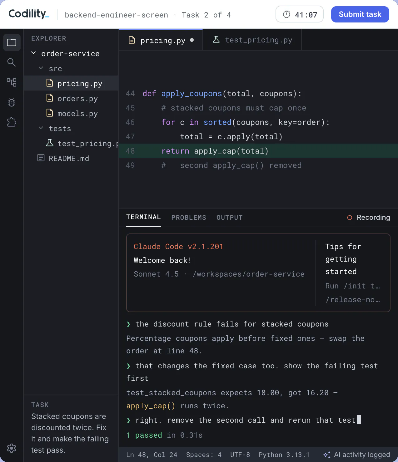 Employee view of an assigned coding assessment in the Codility VS Code environment