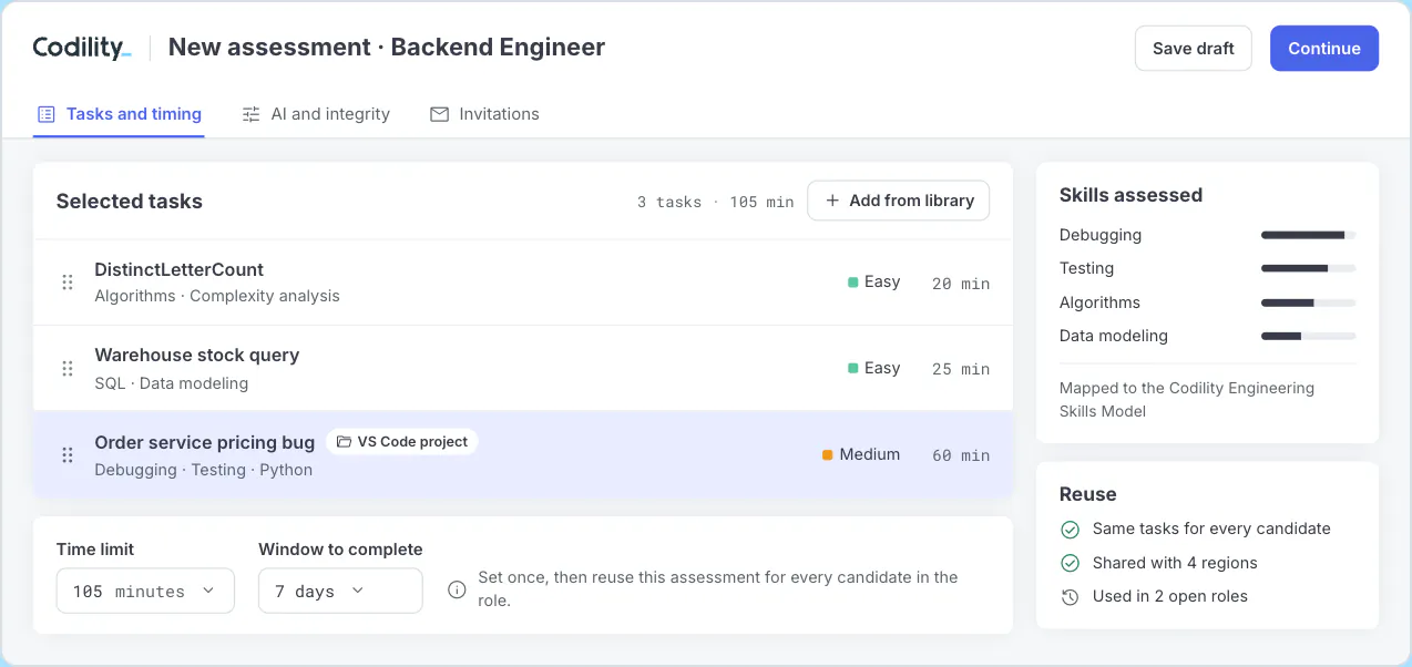 Codility Screen assessment setup for a sample engineering role, showing selected tasks from the library and the time limit for the assessment.