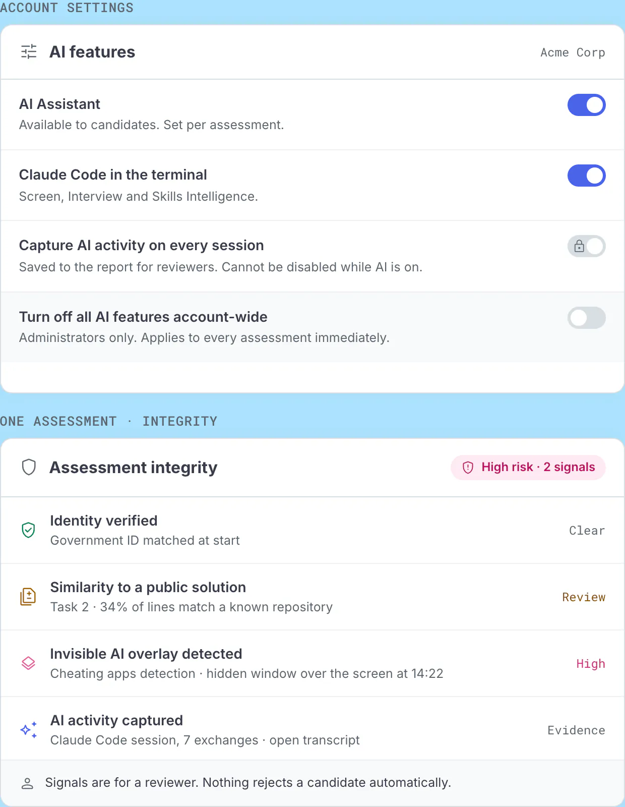 Codility Screen session view showing the AI Assistant setting for the assessment and the integrity panel listing identity, behavioral and similarity signals with the resulting risk rating.