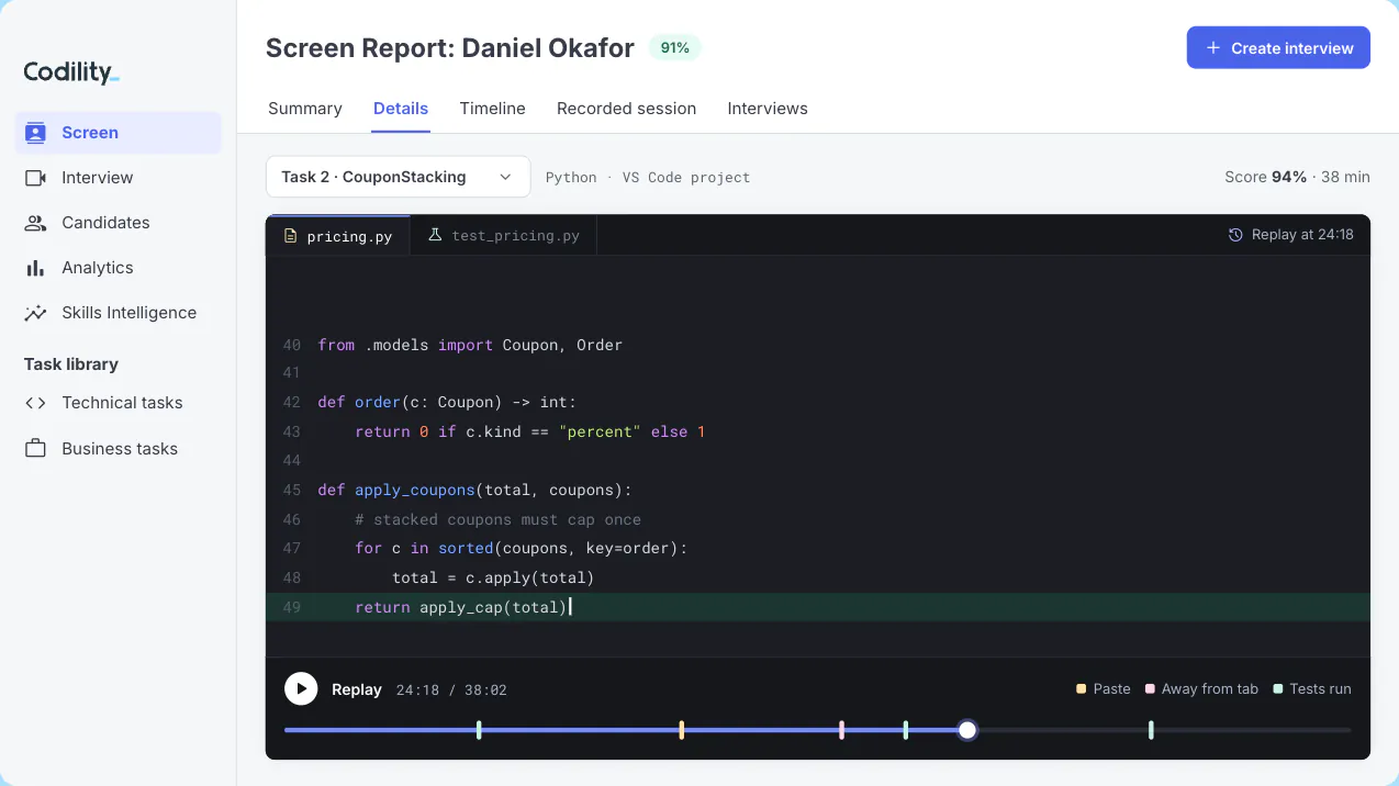 Codility Screen report showing a sample candidate's code solution with the Replay timeline beneath it and the control to create an interview from the report.