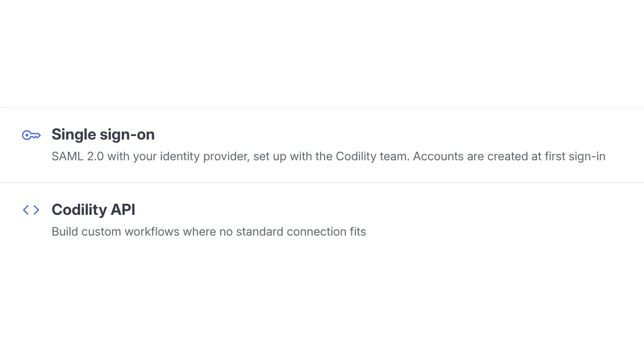 Access options: single sign-on with SAML 2.0 set up with the Codility team, and the Codility API.
